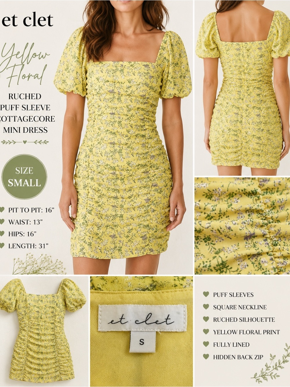 Et Clet Yellow Floral Ruched Puff Sleeve Mini Dress Cottagecore Spring Size S